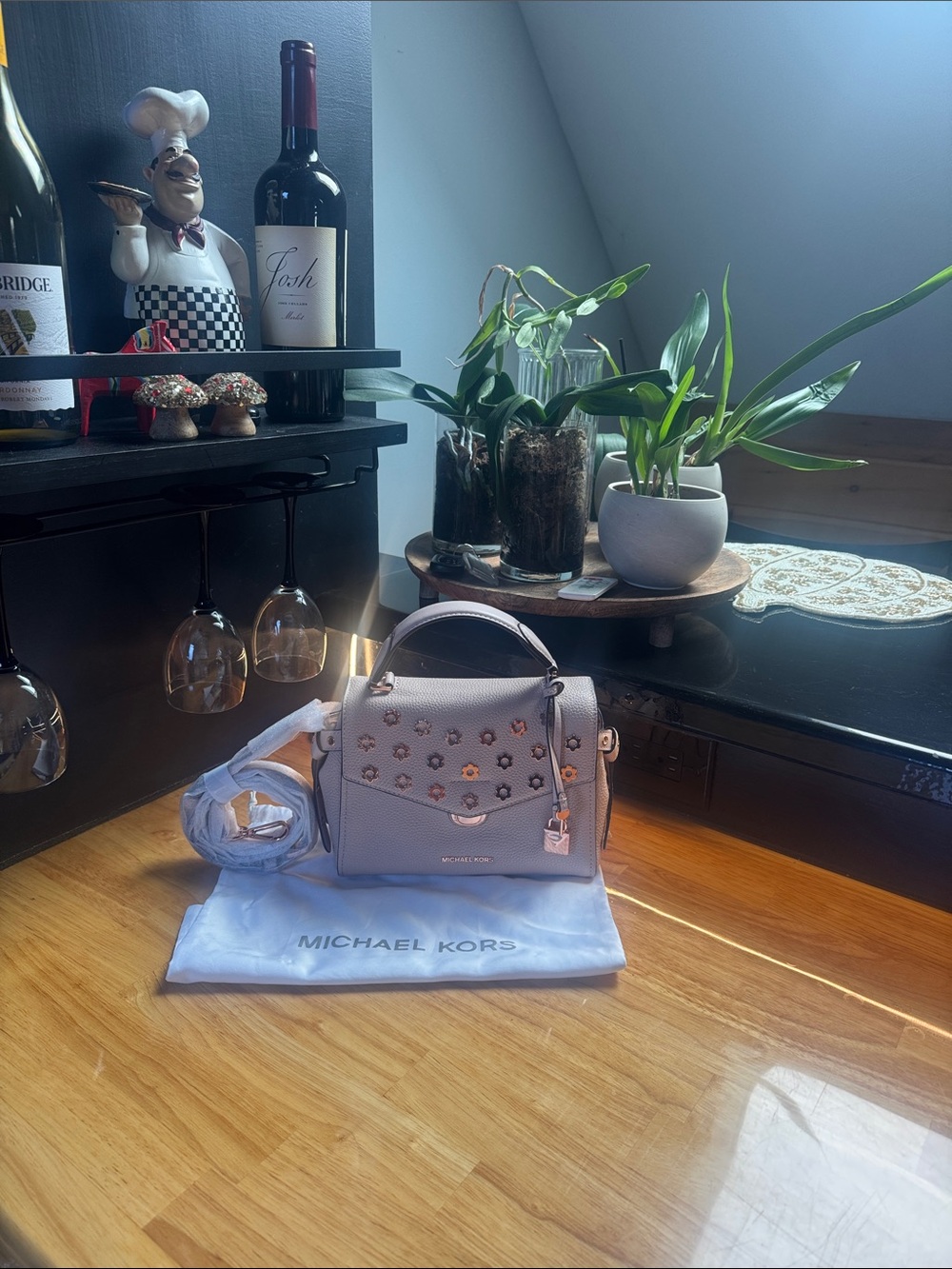Michael Kors Perforated Floral Leather Top-Handle Satchel in Light Gray